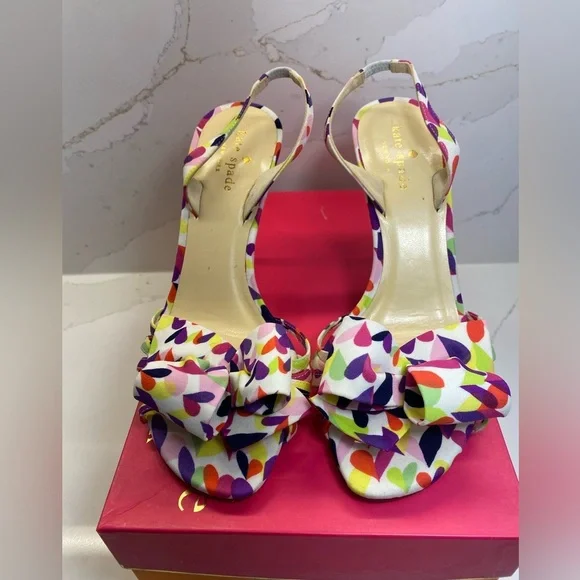 Kate Spade Multi Heart Pink Purple Print Bow Heel Lourdes Shoes Size 8 Valentine - Picture 2 of 6